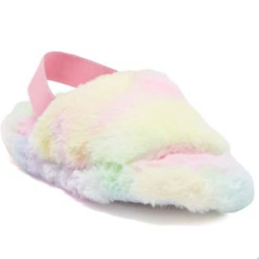 NWT Kensie Colorful Open Toe Slingback Fur Slipper tie dye pink blue yellow